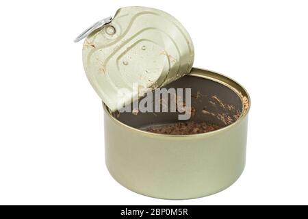 opened and empty tincan with leftovers of tuna - isolated on white background Stock Photo