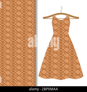 Women dress fabric pattern design on a hanger with brown geometric pattern Stock Vector