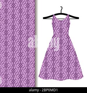 Women dress fabric pattern design on a hanger with purple geometric pattern. Vector illustration Stock Vector