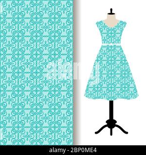 Women dress fabric pattern design on a mannequin with abstract blue pattern. Vector illustration Stock Vector