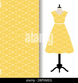 Women dress fabric pattern design on a mannequin with yellow pattern. Vector illustration Stock Vector