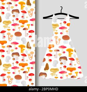 Women dress fabric pattern design on a hanger with mushrooms. Vector illustration Stock Vector