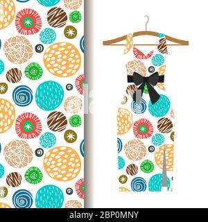 Women dress fabric pattern design on a hanger with polka dots. Vector illustration Stock Vector