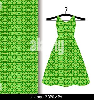 Women dress fabric pattern design on a hanger with green traditional arabic pattern. Vector illustration Stock Vector