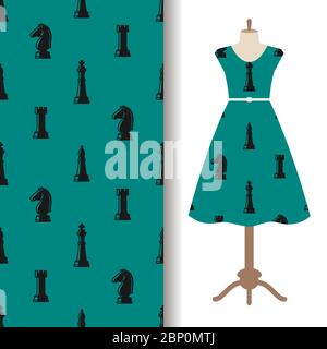 Women dress fabric pattern design with chess pieces. Vector illustration Stock Vector