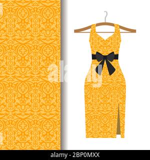 Women dress fabric pattern design on a hanger with yellow traditional arabic pattern. Vector illustration Stock Vector