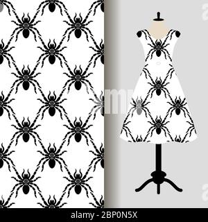 Womens dress fabric pattern design with spiders. Vector illustration Stock Vector