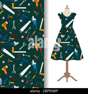 Women dress fabric pattern design with construction tools. Vector illustration Stock Vector