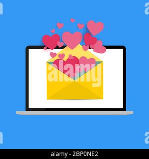 New Email with Hearts on the laptop screen notification concept. Vector illustration Stock Vector