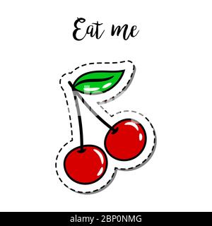 Fashion patch element with quote, Eat me, and cherry vector illustration Stock Vector