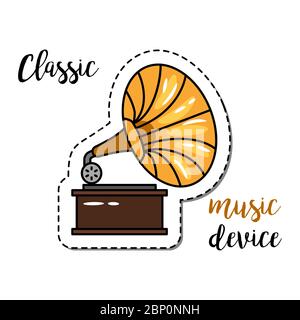 Fashion patch element with quote, Classic music device and gramophone icon. Vector illustration Vector illustration Stock Vector