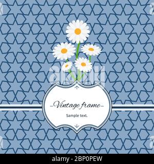 Blue seamless geometric patterns with vintage frame and flowers. Vector illustration Stock Vector