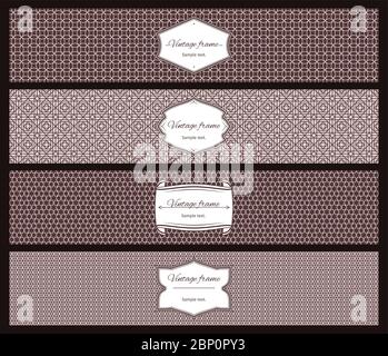 Set of horizontal banners with geometric patterns and vintage frame, sepia color. Vector illustration Stock Vector