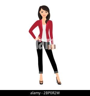 Lady in red jacket with brown wallet isolated vector illustration on white background Stock Vector