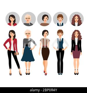 Cute young woman in different style clothes with face avatar icons vector set Stock Vector