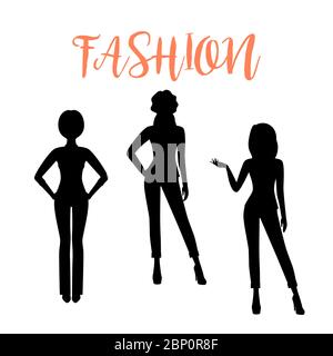Fashion woman silhouette in different poses isolated on white background in men s suits. Vector illustration Stock Vector