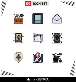 Set of 9 Modern UI Icons Symbols Signs for folder, space, mail, science, fiction Editable Vector Design Elements Stock Vector
