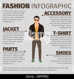Fashion infographic with man in leather jacket. Vector illustration Stock Vector