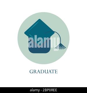 Graduate student hat with a tassel in a circle. Toss the hat up after graduation. Flat vector illustration on a white background isolated with inscrip Stock Vector