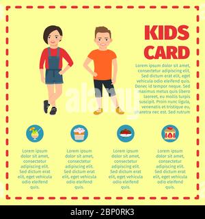 Kids card template for infographic with dashed frame, girl and boy in cloth in warm colors. Vector illustration Stock Vector