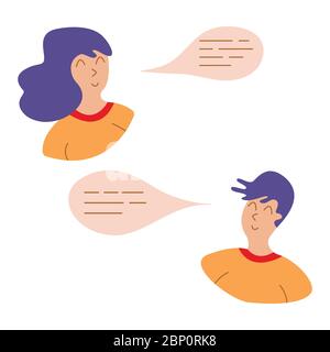 Girl and Guy with Speech Bubble. Thoughts in a head, chatting. Speech cloud. People speaks. Flat vector illustration Stock Vector