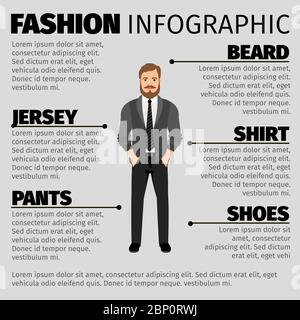 Fashion infographic with a bearded hipster in gray tones. Vector illustration Stock Vector