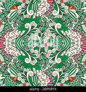 Floral ornamental pattern with outline swirls and decorative elements in green and white colors. Vector illustration Stock Vector