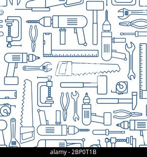 Hardware tool set linear seamless pattern. Vector carpenter or locksmith working tools thin line wallpaper Stock Vector