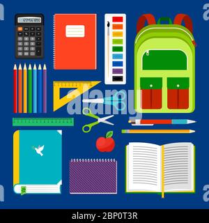 School workplace items or school equipment object collection. Backpack and notebook, apple and pencils icons for study. Vector illustration Stock Vector