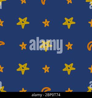 Seamless pattern with stars and moon on a blue background. Colorful print, suitable as wrapping paper or fabric. Cartoon vector illustration Stock Vector