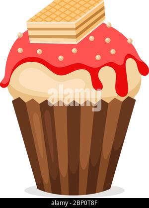 Sweet muffin or cupcake with wafer and glaze on white background. Vector illustration Stock Vector