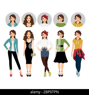 Female model in casual, teenage and business clothes isolated on white background with icons vector set Stock Vector