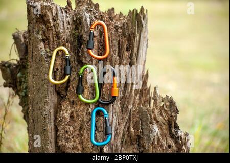 Metal carabine for mountaineering. Photo of colored carabines. Climbing concept Stock Photo