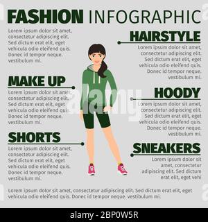 Fashion infographic with smiling girl in a sweatshirt. Vector illustration Stock Vector
