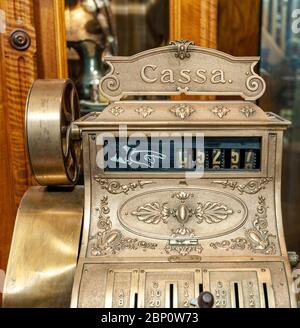 Close-up of the front of an old-time antique cash register. Stock Photo