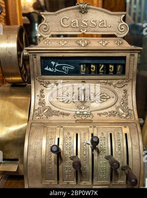 Close-up of the front of an old-time antique cash register. Stock Photo