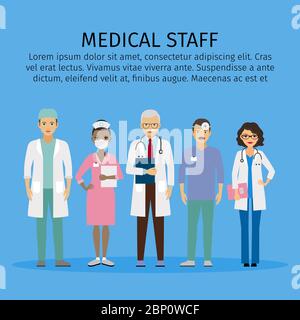 Team of doctors and other hospital workers stand together. Vector illustration Stock Vector