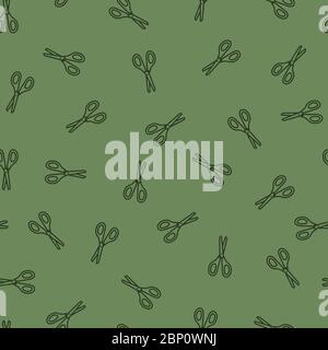 Sewing pattern with outline scissors on green background. Vector illustration Stock Vector