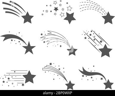 Shooting stars icons. Comet tail or star trail vector set isolated on white background. Stardust falling simple meteorites Stock Vector