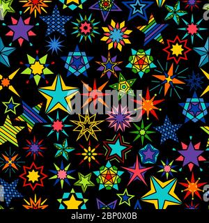 Kaleidoscope stars black background. Yellow and green, orange and blue star set seamless pattern. Vector illustration Stock Vector
