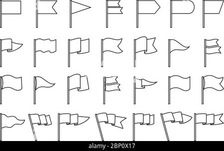 Waving flag linear pictograms. Vector line flags icons isolated on white background Stock Vector