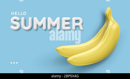 White 3d inscription summer and realistic banana isolated on blue background, top view. Vector illustration template for products, advertizing Stock Vector