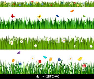 Spring green grass and flowers horizontal seamless pattern isolated on white background with flowers and butterflies icons Stock Vector
