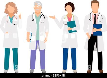People in white coats vector illustration. Full body standing male medical doctor and female physician isolated for lab illustration Stock Vector