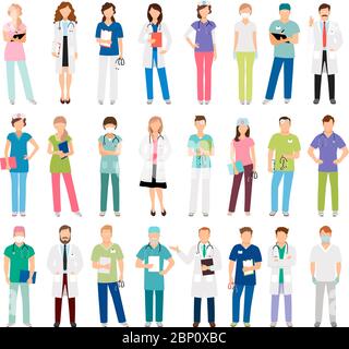 Female and male doctors and women and man nurse set vector illustration. Vector healthcare hospital medical team isolated on white background Stock Vector