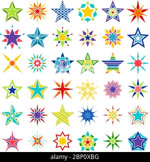Kaleidoscope stars. Vector crazy multicolor star set isolated on white background Stock Vector