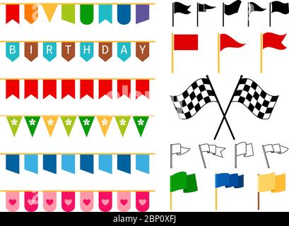 Vector flag garlands and start and finish flags for invitation card design, carnival bright cordage and child adornments isolated on white background Stock Vector