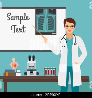 Female character of virologist medical specialists with radiology on stand. Vector illustration Stock Vector