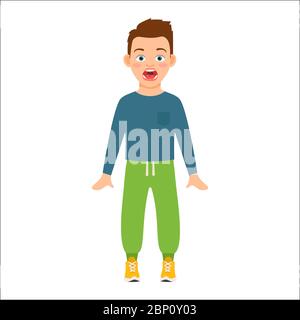 Scared boy in blue shirt isolated vector illustration on white background Stock Vector