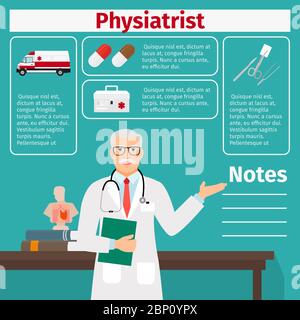 Physiatrist and medical equipment icons with infographics elements for medical and pharmaceutical industry. Vector illustration Stock Vector